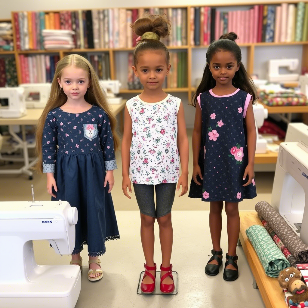 Little models showcasing latest kids wear designs, surrounded by fabric rolls and sewing machines