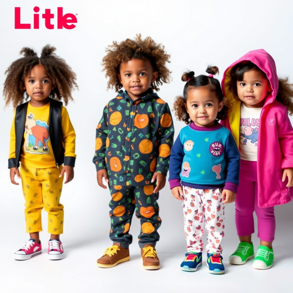 Little models showcasing personalized kids’ clothing with bright patterns