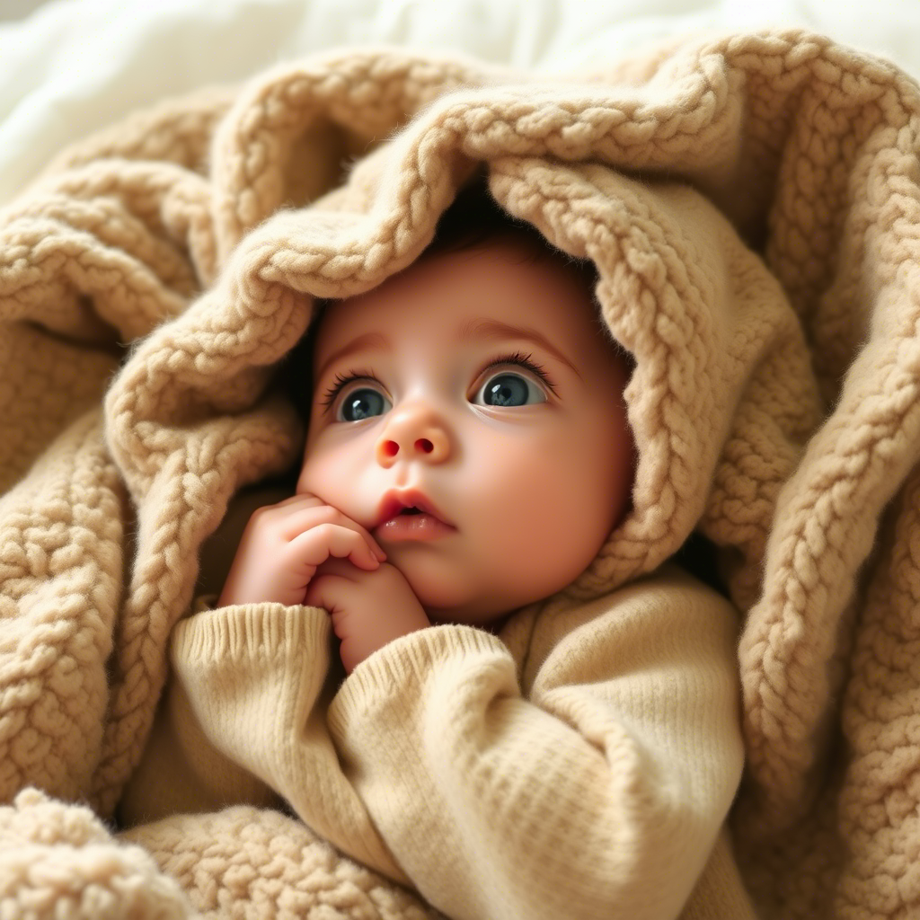 Little one clinging to a security blanket, looking up with big eyes.