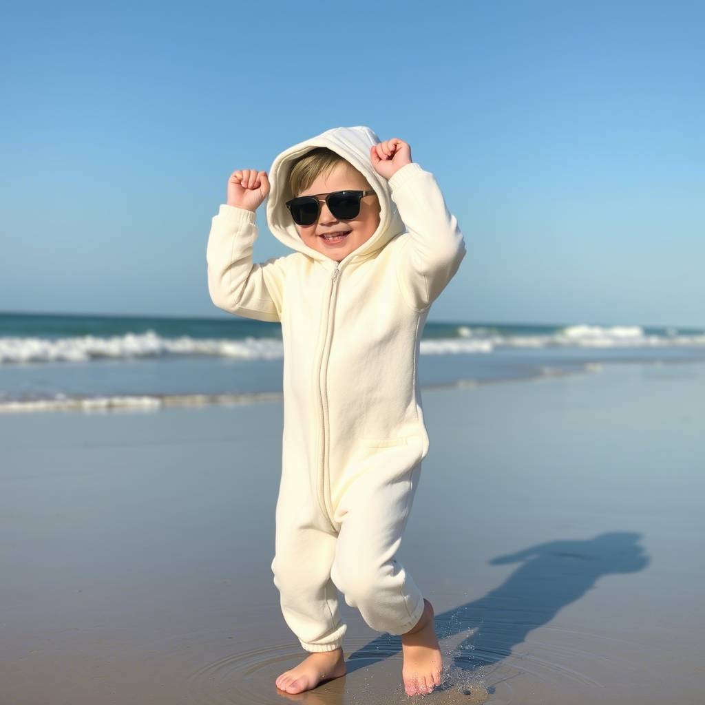 Little one in stylish onesie having fun at the beach