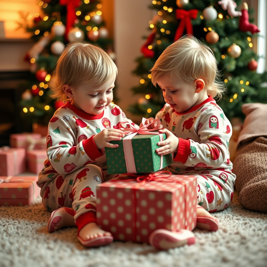 Little ones in colorful Christmas PJs opening gifts on Christmas morning