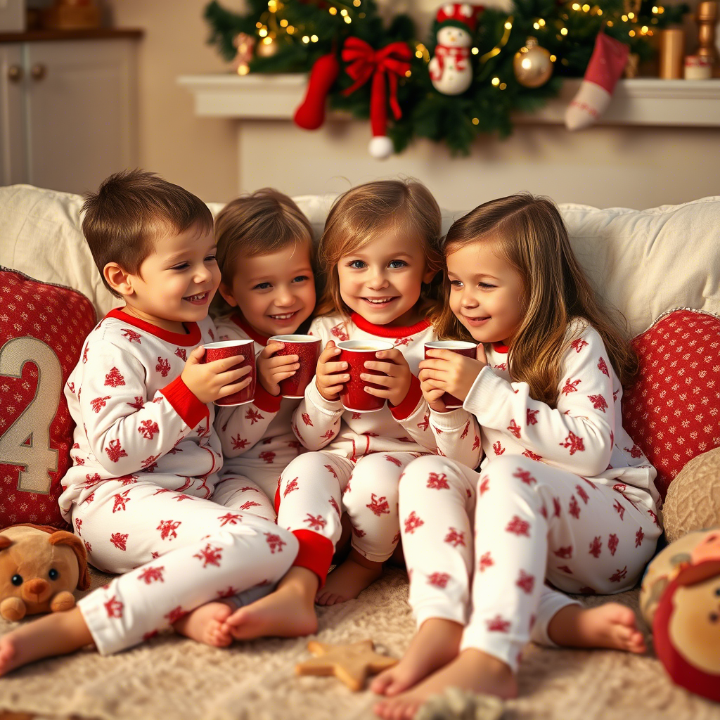 Little ones in cozy Christmas PJs, enjoying hot chocolate together