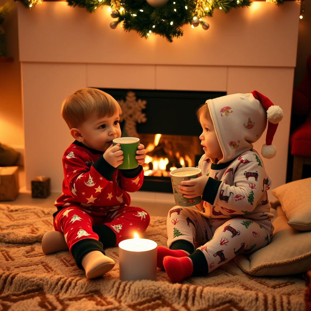Little ones in festive Christmas sleepwear, enjoying hot chocolate by fireplace