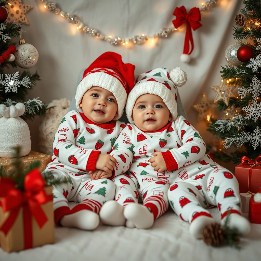 Little ones in holiday sleepwear, surrounded by Christmas decorations