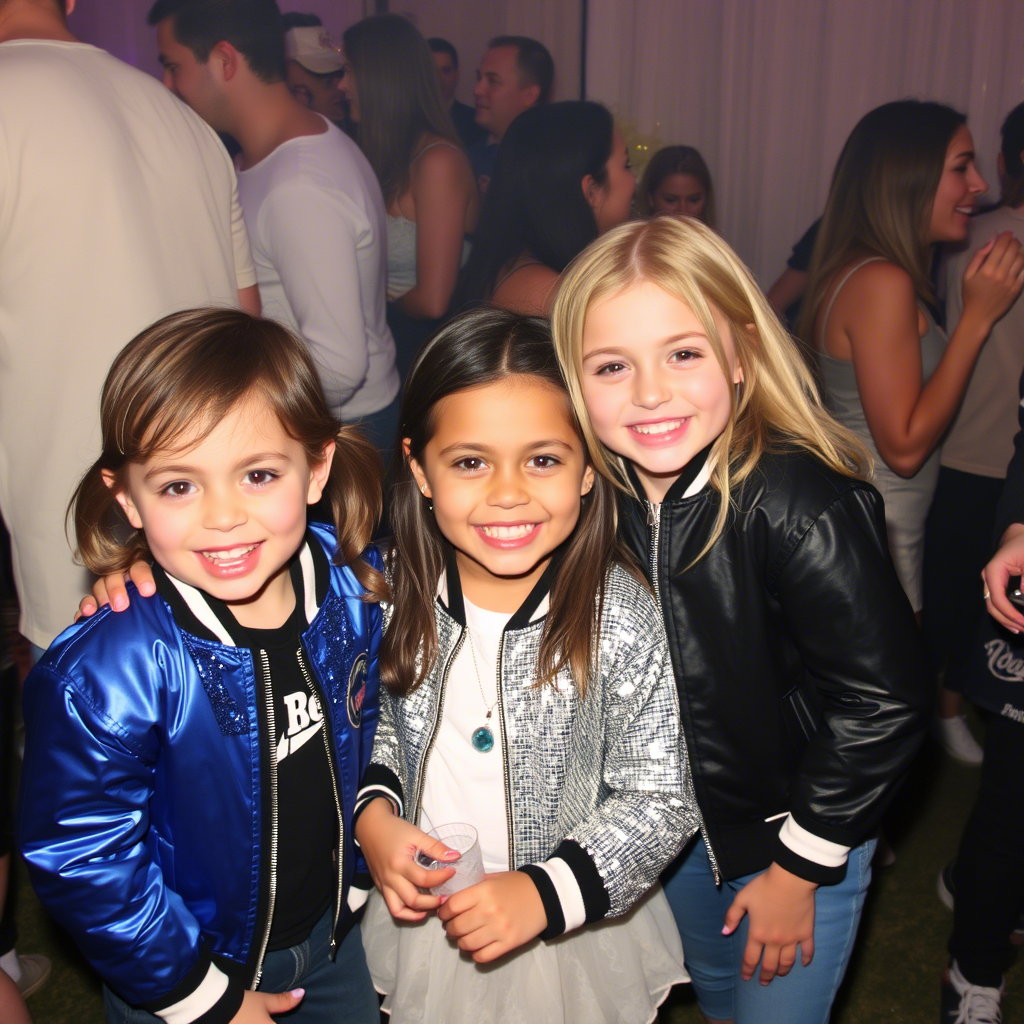 Little ones in trendy sequin and bomber jackets having fun at a party