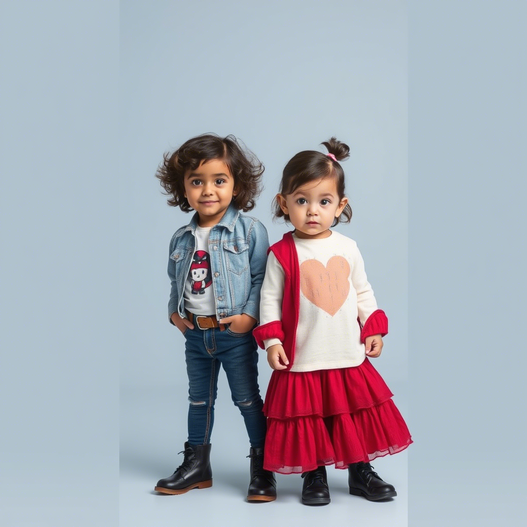 Little ones modeling trendy clothes with manufacturer tags visible