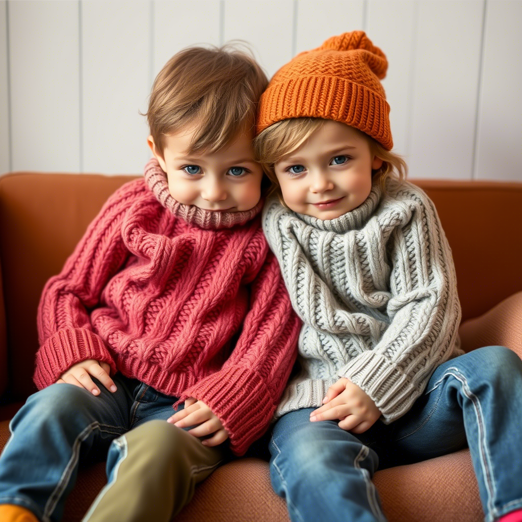 Little ones snuggled up in colorful jeans and knit sweaters