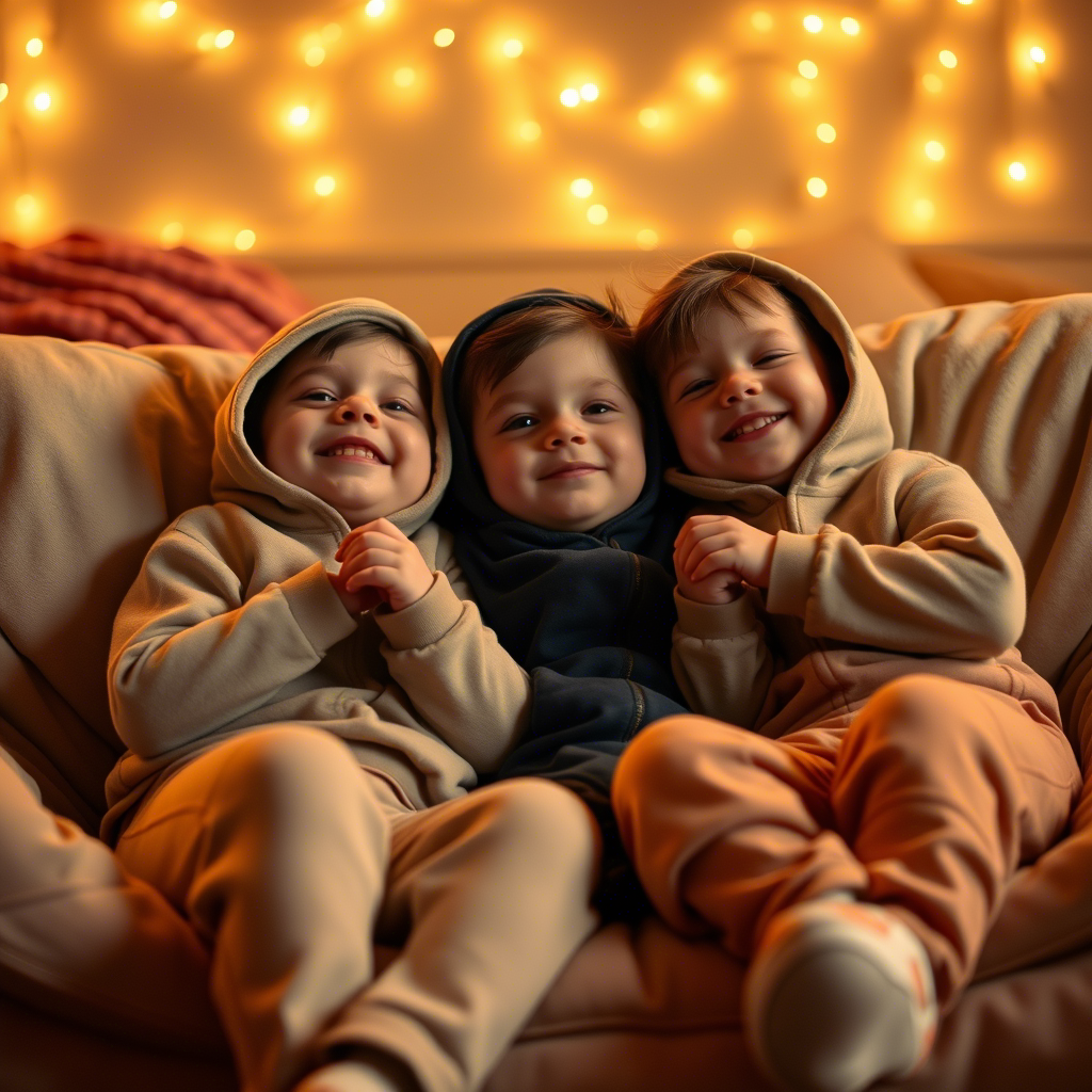 Little ones snuggled up in soft hoodies and sweatpants watching a movie