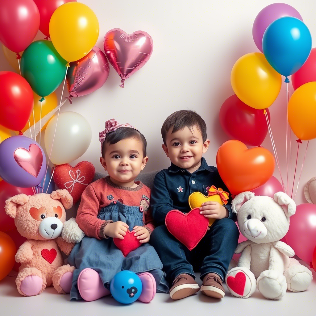 Little ones surrounded by colorful balloons and heart-themed toys