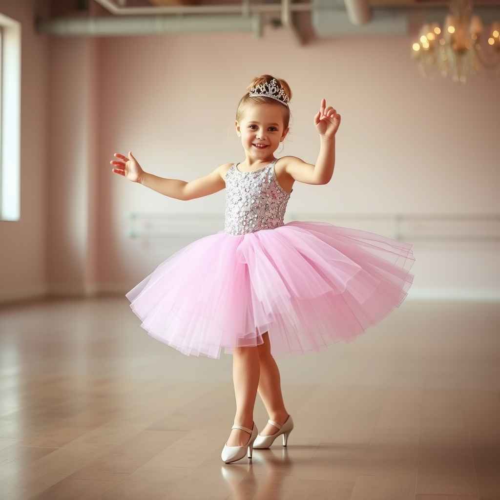 Little princess in a sparkly pink tutu, twirling in a dance studio