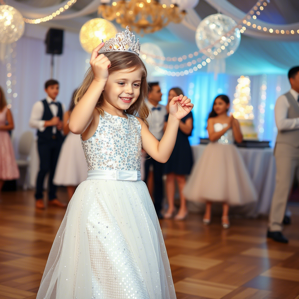 Little princess in a sparkly sequin gown dancing at a birthday party