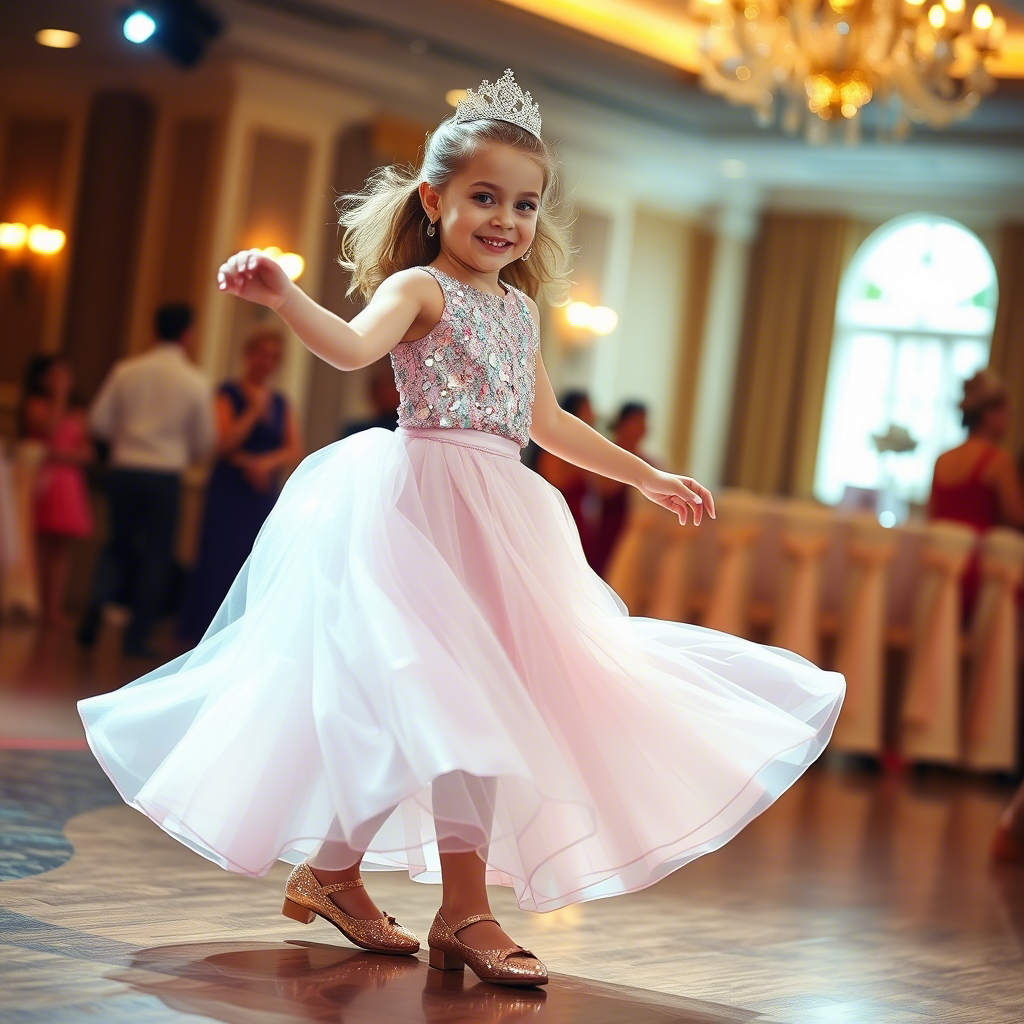 Little princess in a sparkly top and skirt twirling in a ballroom