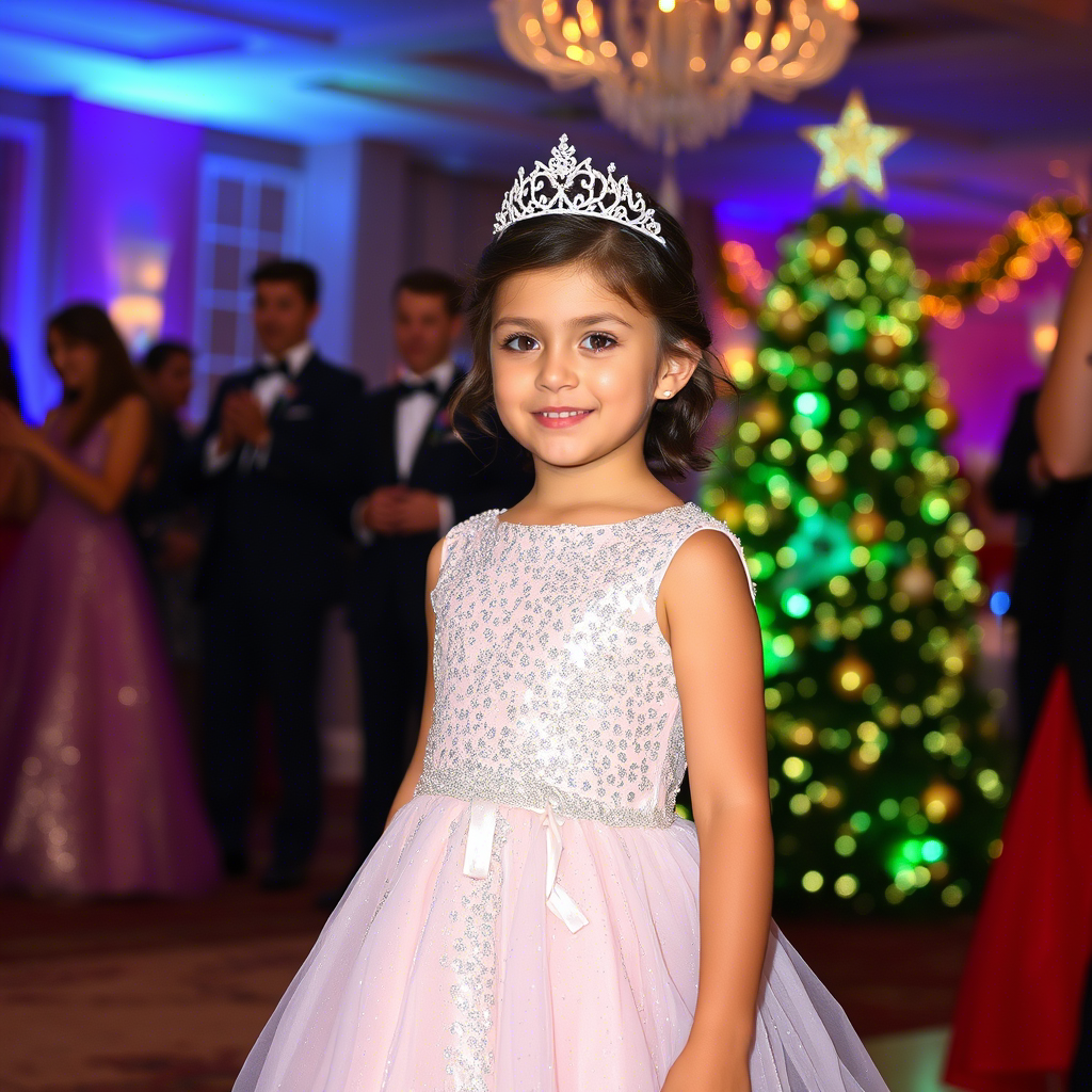 Little princess in shimmering sequin gown at a festive ball