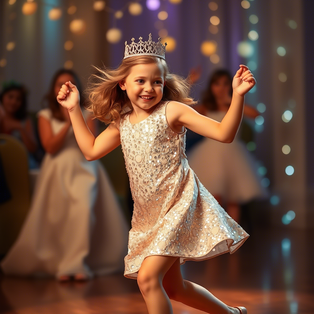 Little princess in sparkling sequin dress dancing happily