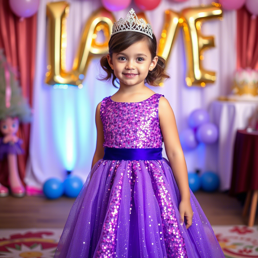 Little princess in sparkling sequin dress for birthday party