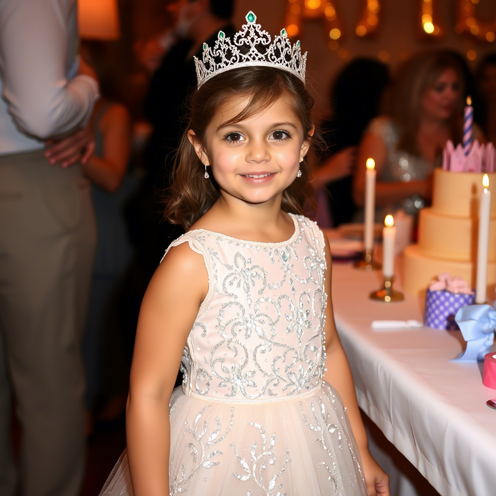 Little princess in sparkly evening gown at birthday party