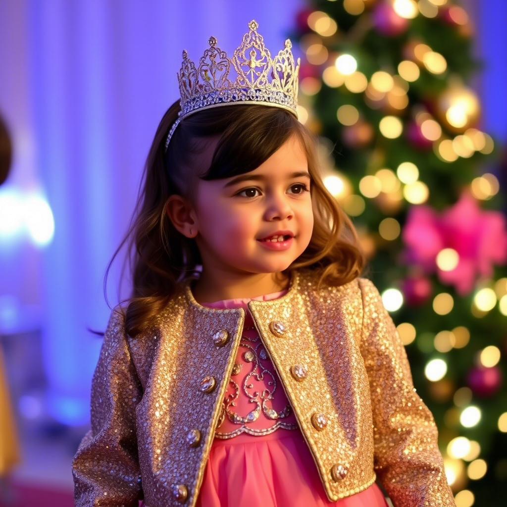 Little princess in sparkly jacket and dress for a festive event