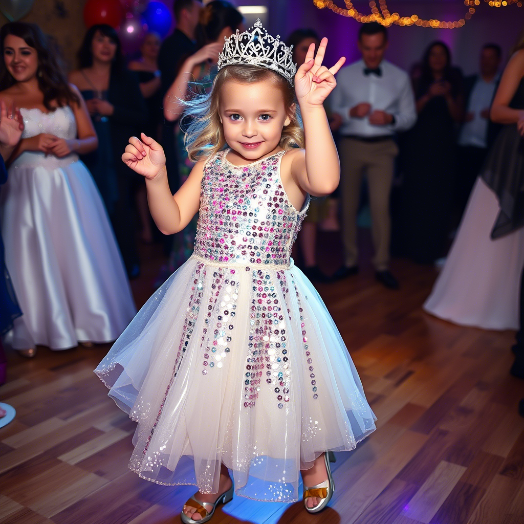 Little princess in sparkly sequin dress dancing at a birthday party
