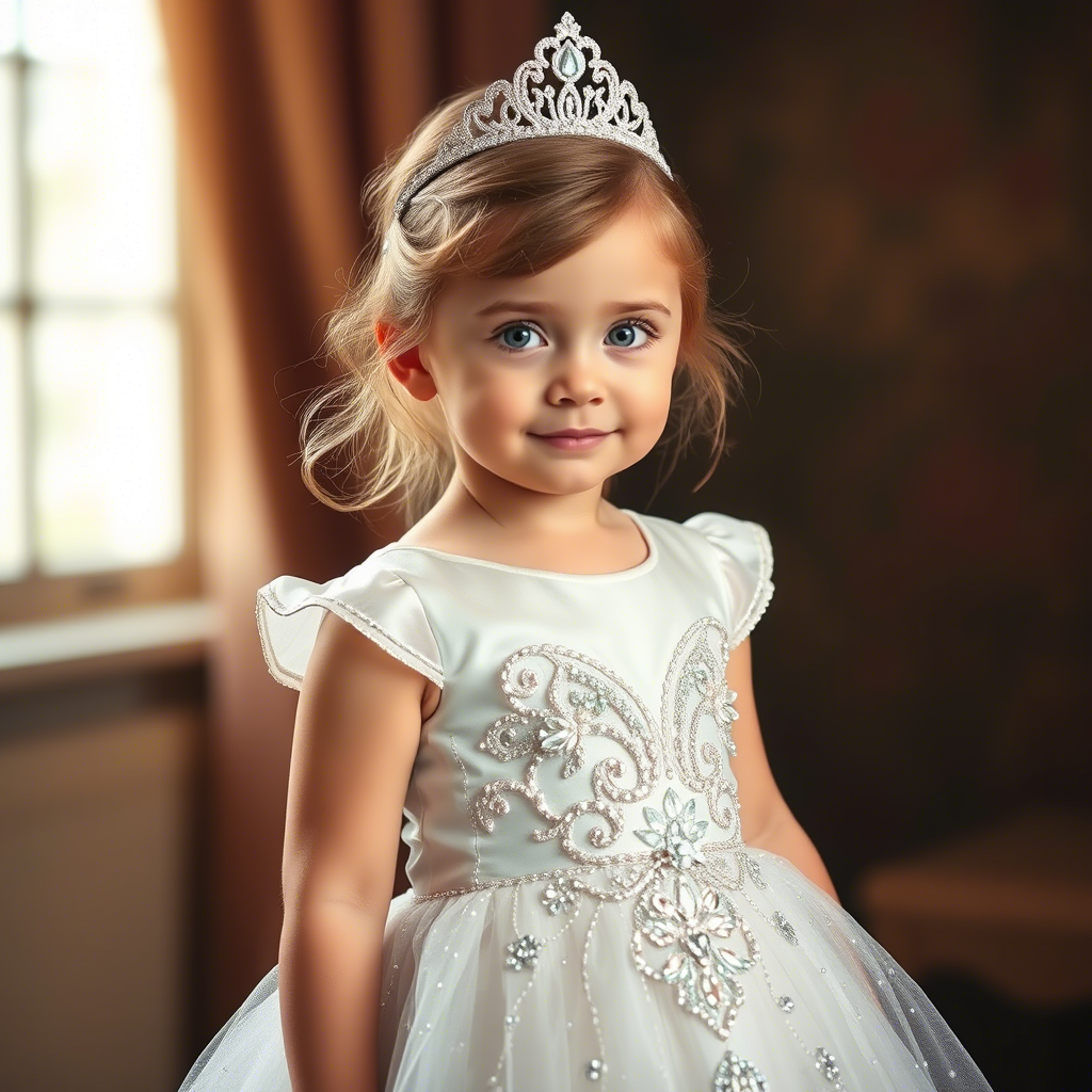 Little princess wearing a sparkly dress with intricate beadwork design