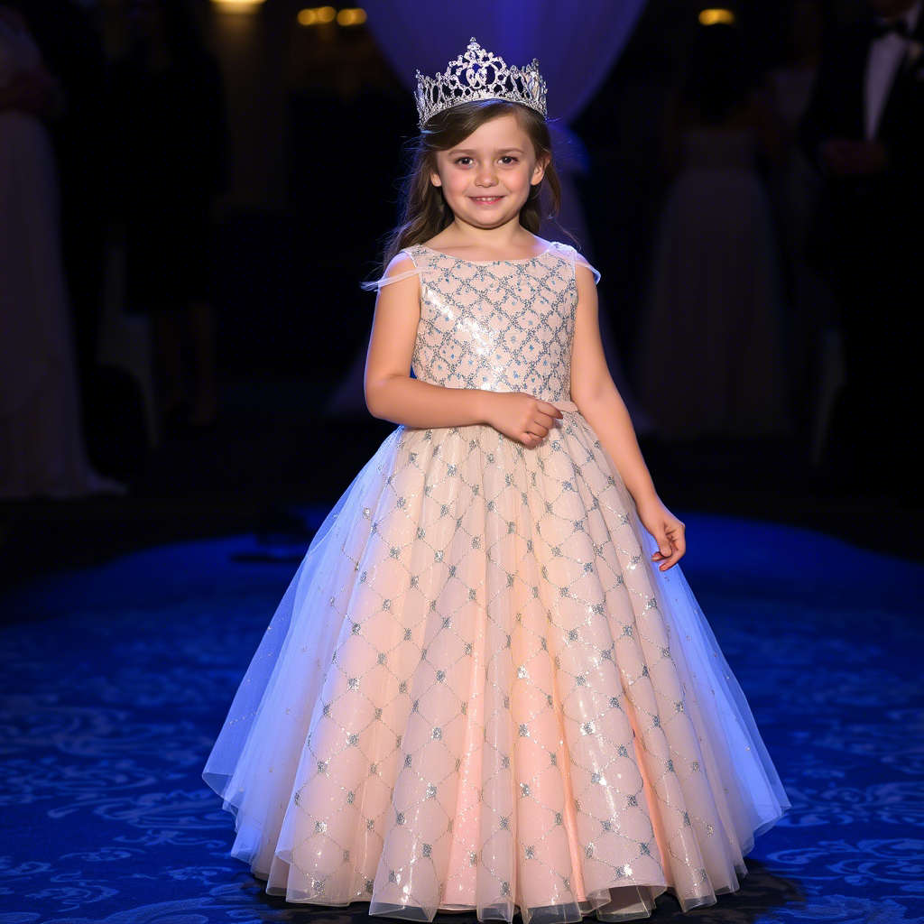 Little princess wearing a sparkly sequin gown for a formal evening event