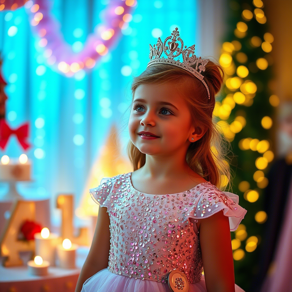 Little princess wearing shiny sequin gown at a festive celebration