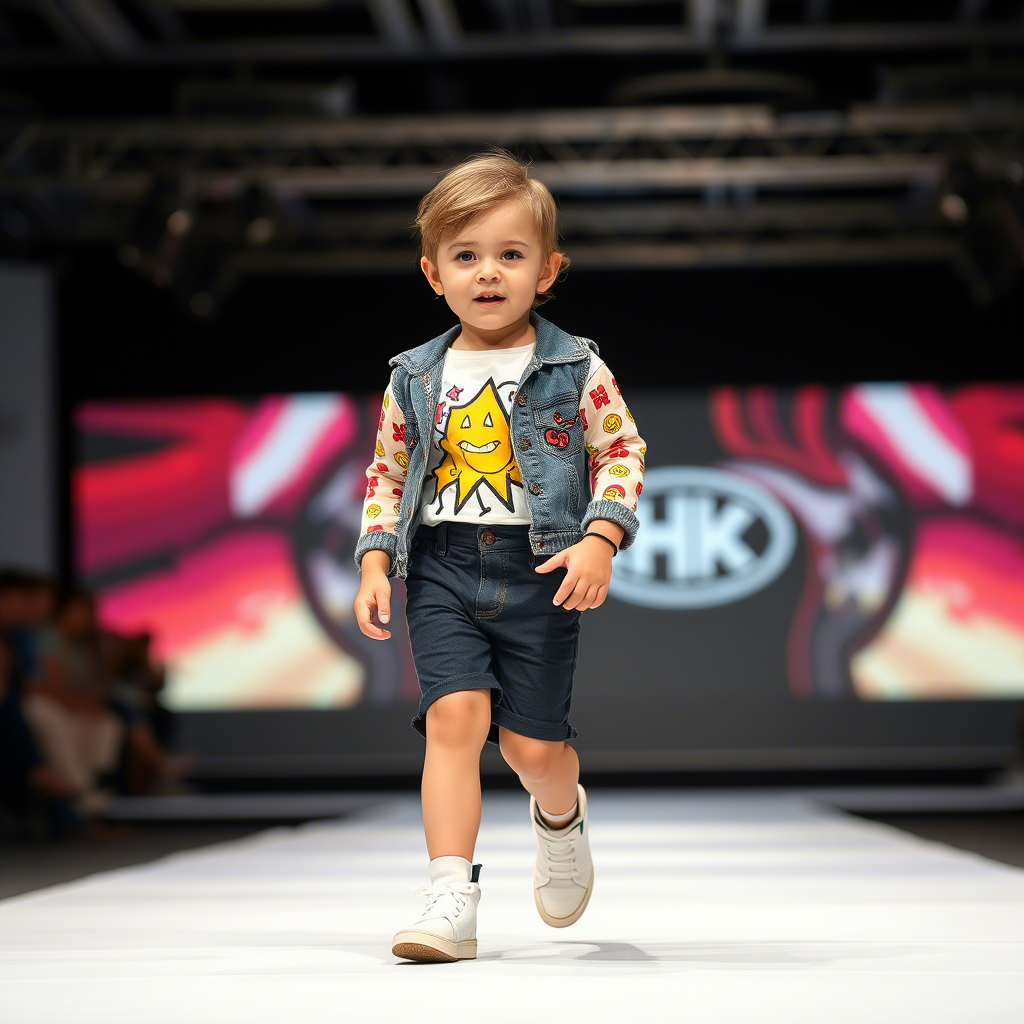 Little toddler modeling trendy children’s clothing on a catwalk