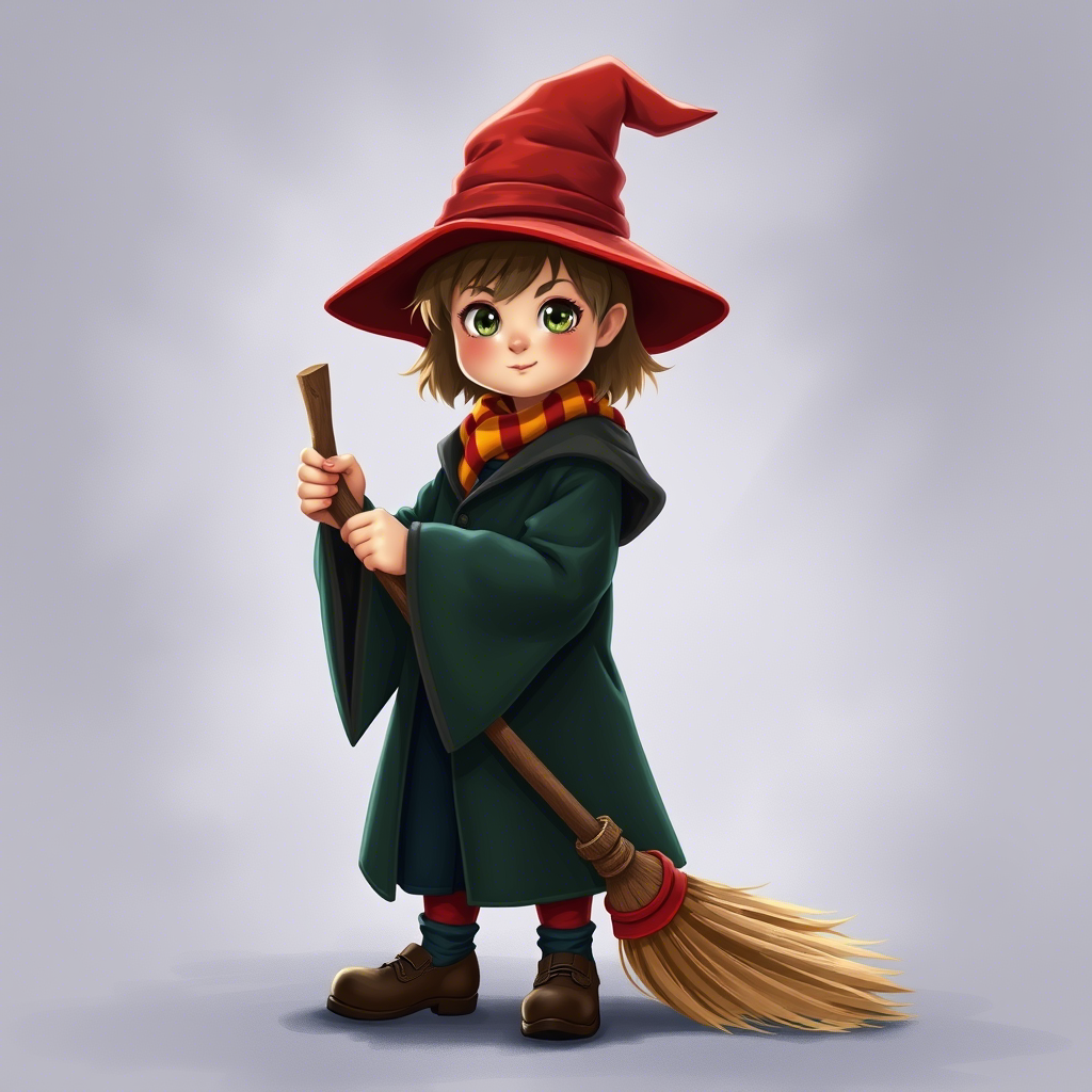 Little witch in Gryffindor uniform with broomstick