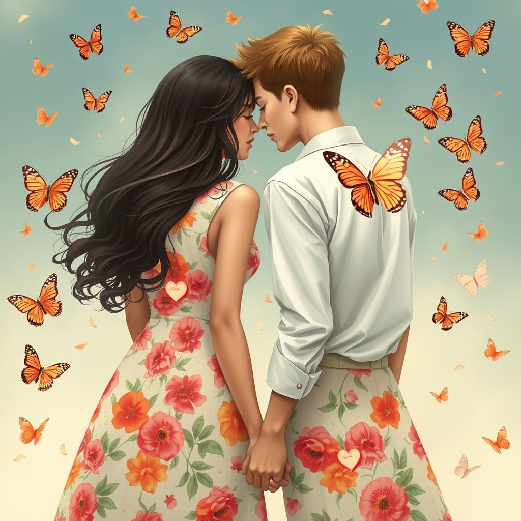 Lovers wearing identical floral dresses, surrounded by fluttering butterflies and love letters