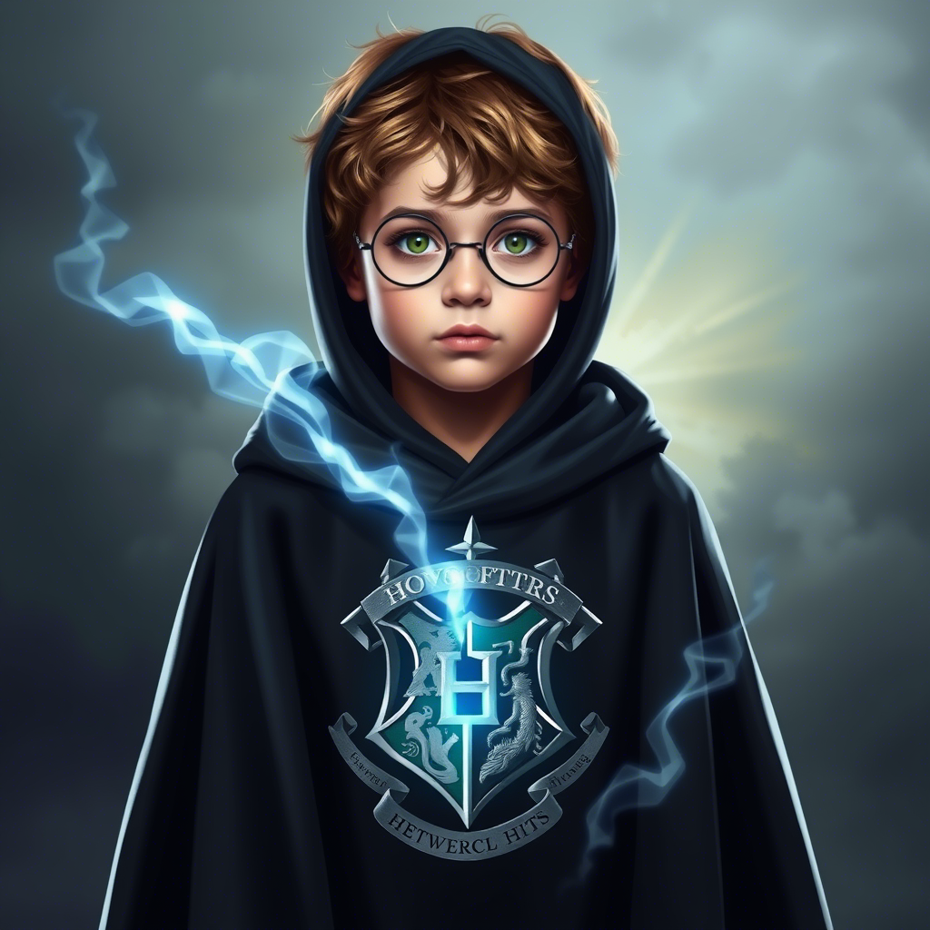 Magical child in wizarding cloak with Hogwarts crest