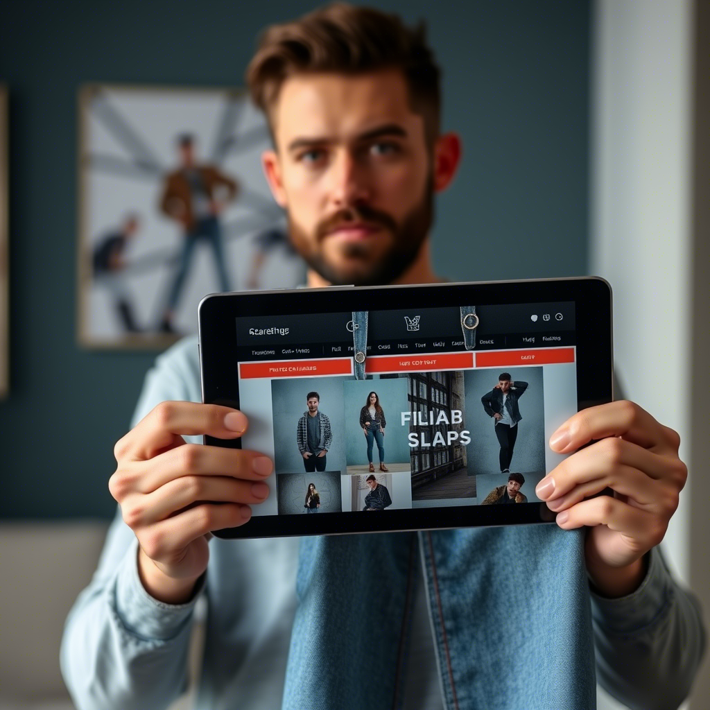 Man holding jeans in front of online shopping website on tablet screen