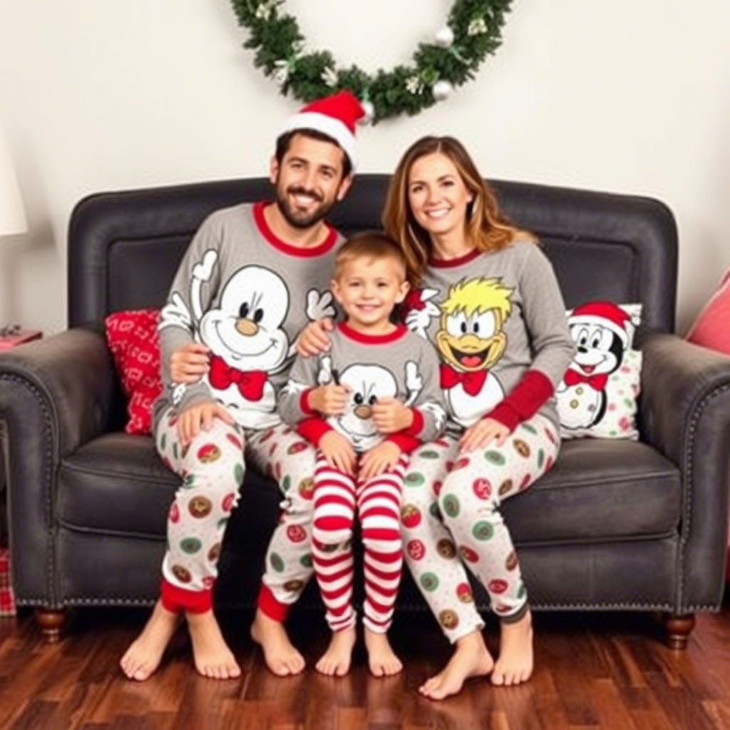 Matching Christmas PJs with cartoon characters for a fun family photo