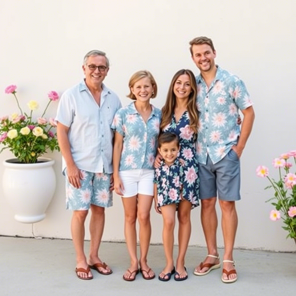 Matching family resort wear with pastel colors and flowers
