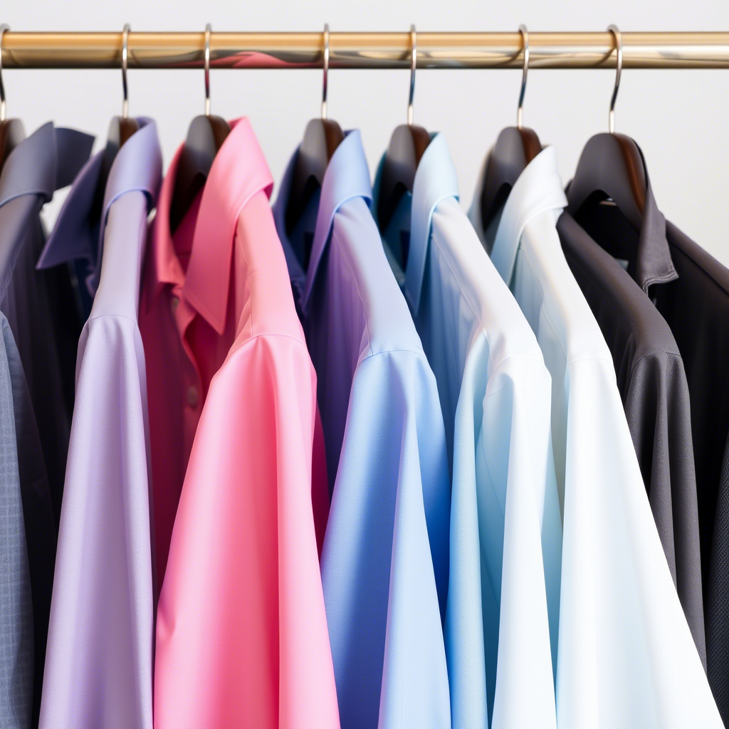 Men’s dress shirts hanging on a clothing rack