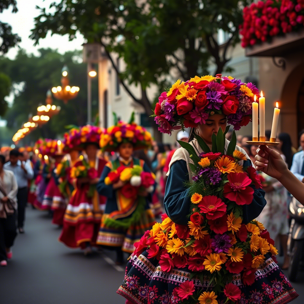 Mexican posada procession with vibrant flowers and candles