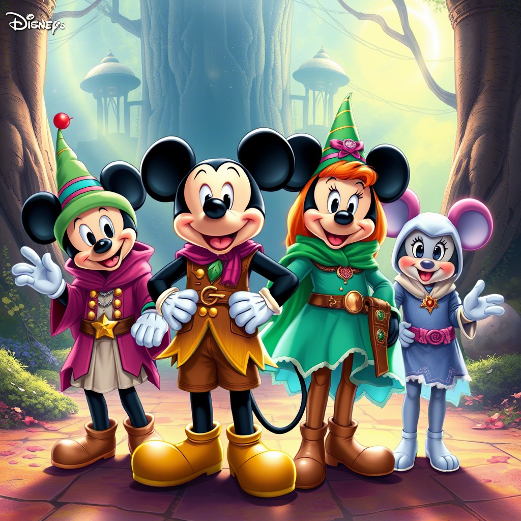 Mickey and friends wearing mystical Lezonkids outfits in a fantasy realm