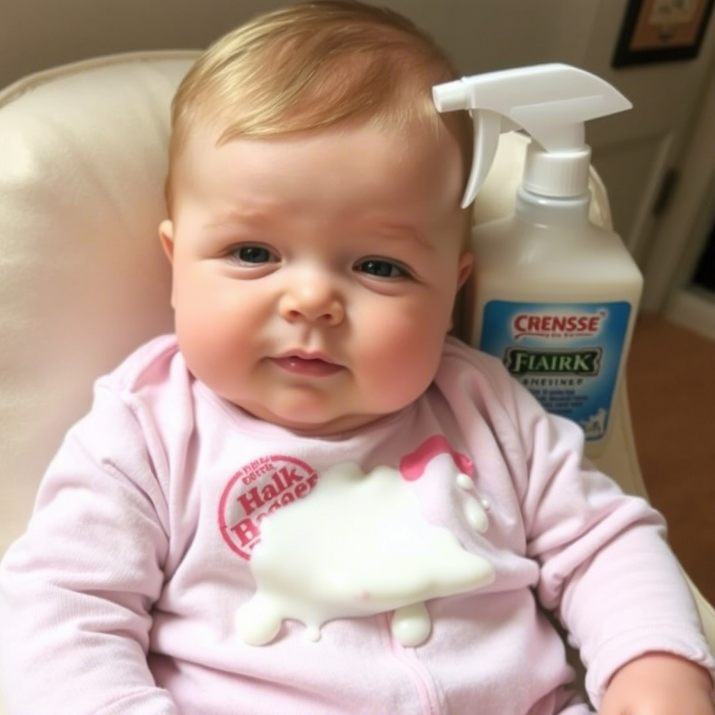Milk splattered on baby clothes, with a stain remover nearby
