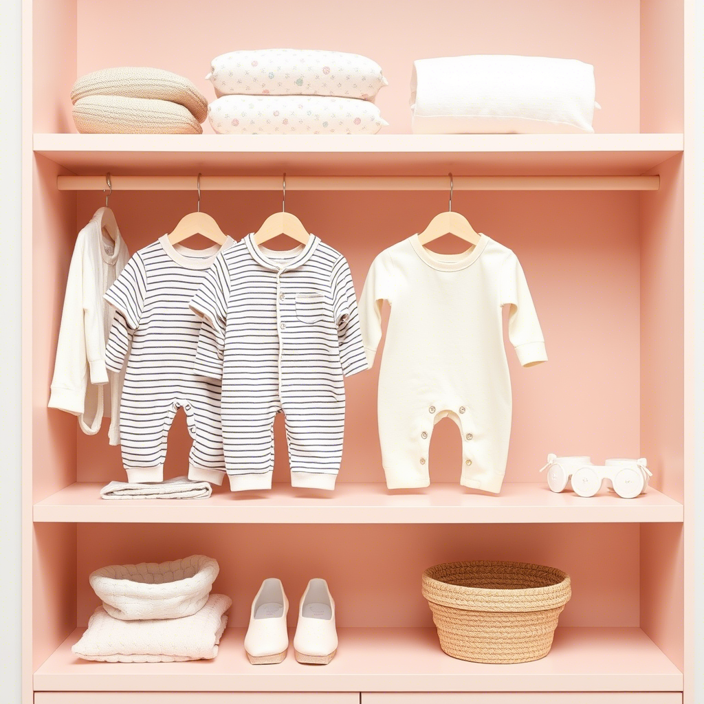 Minimalist baby clothing essentials on a pastel colored shelf