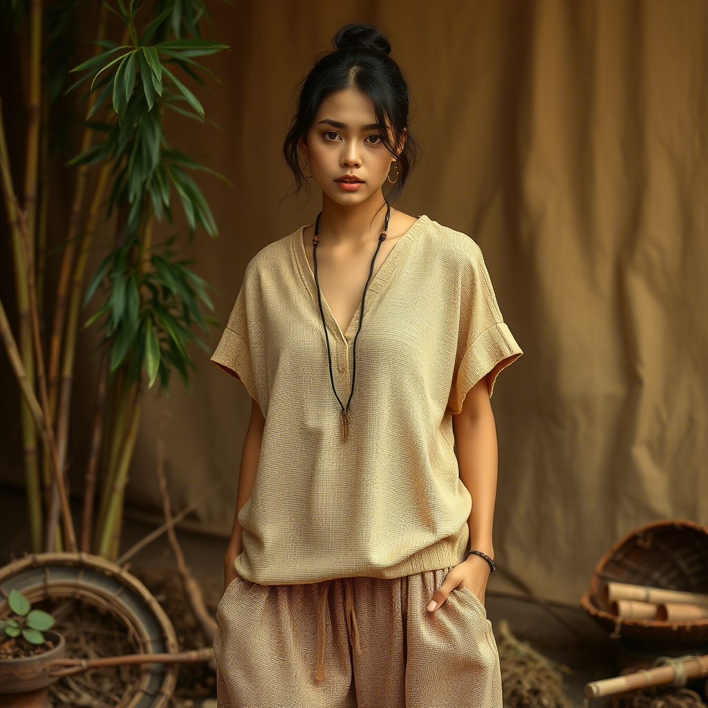 Model showcasing bamboo clothing with earthy background elements