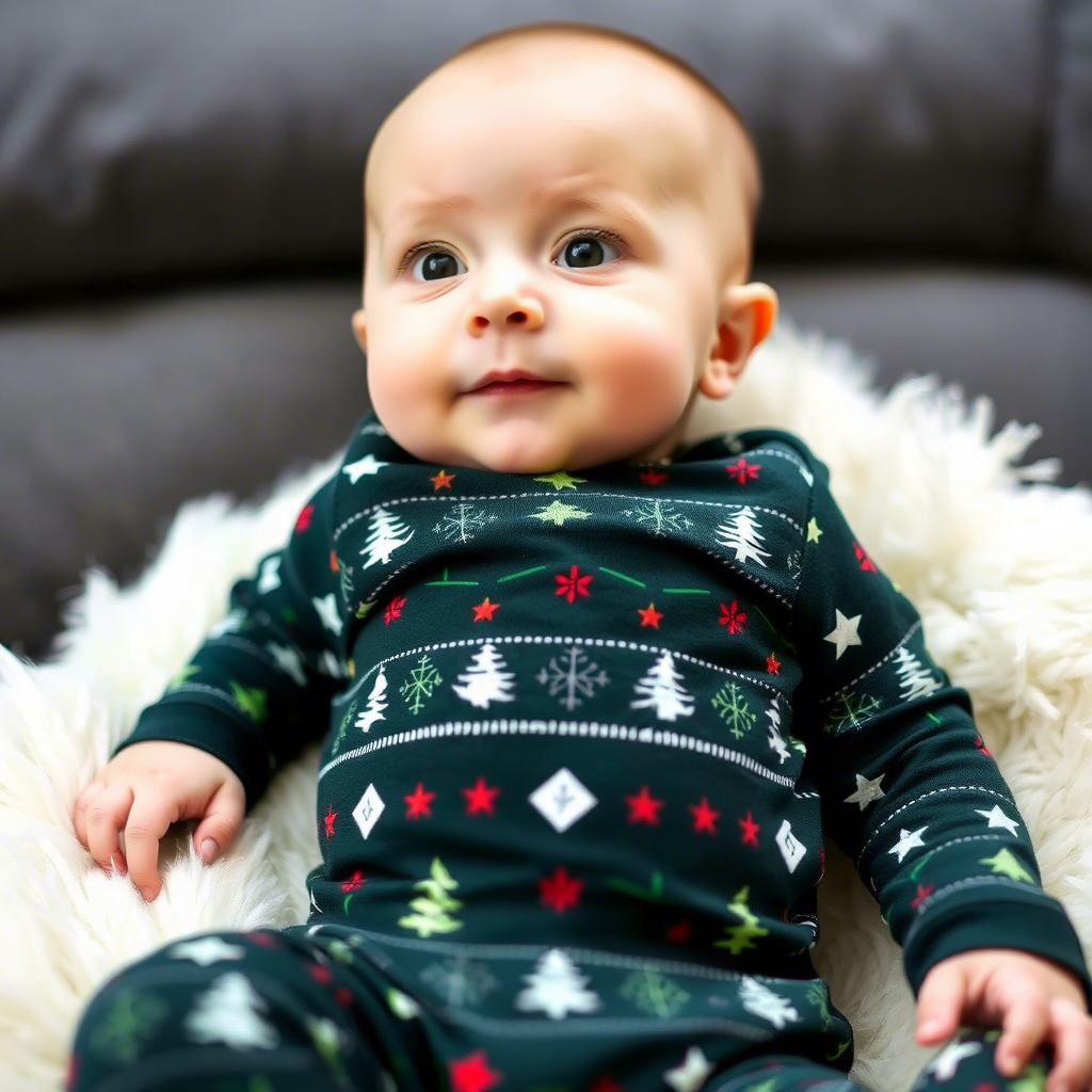 Modern minimalist Christmas tree patterned onesie on a baby
