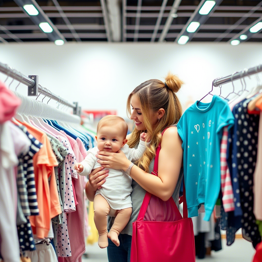Mom and baby browsing through a rack of cheap but fashionable baby clothes