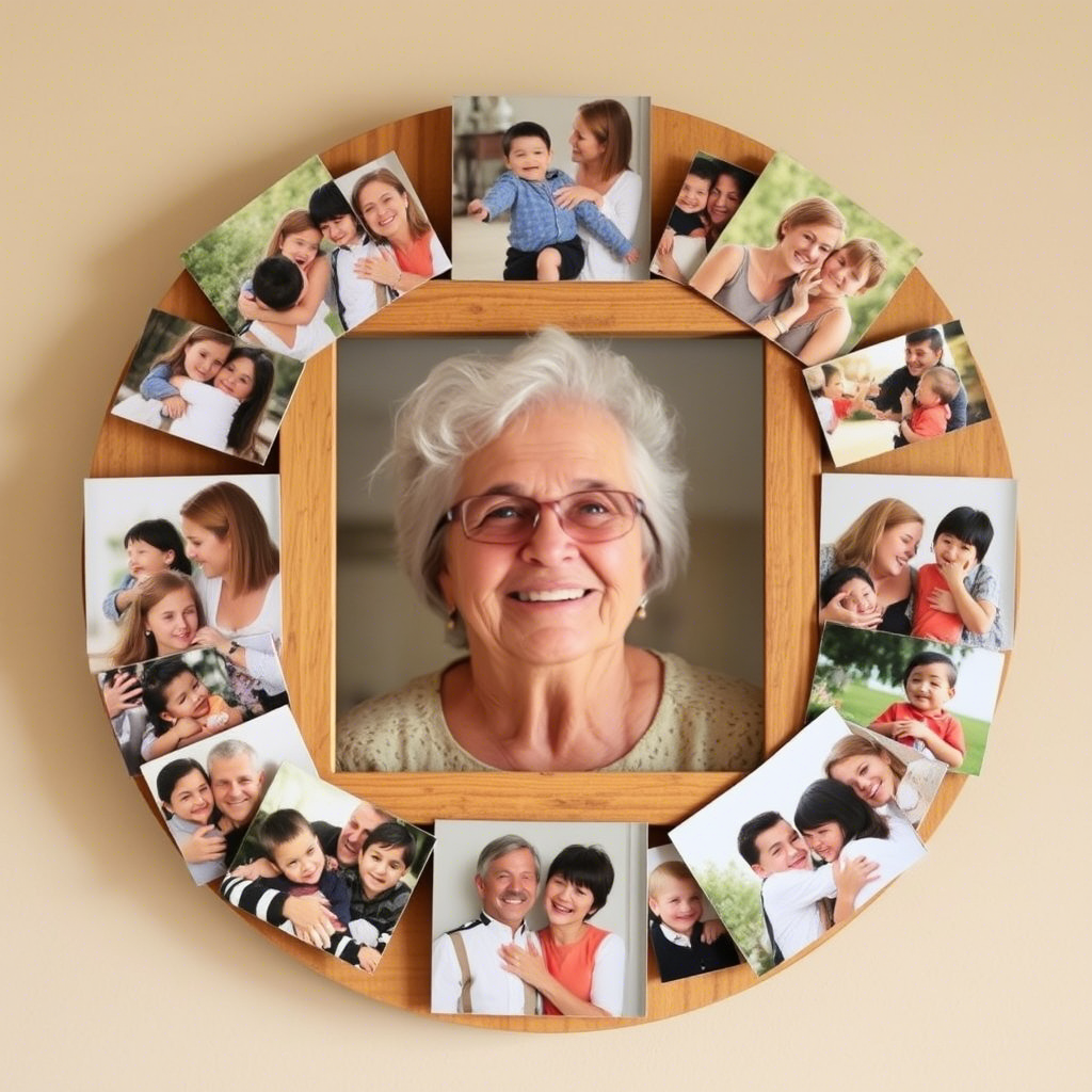 “Mom surrounded by happy family memories in a collage frame”