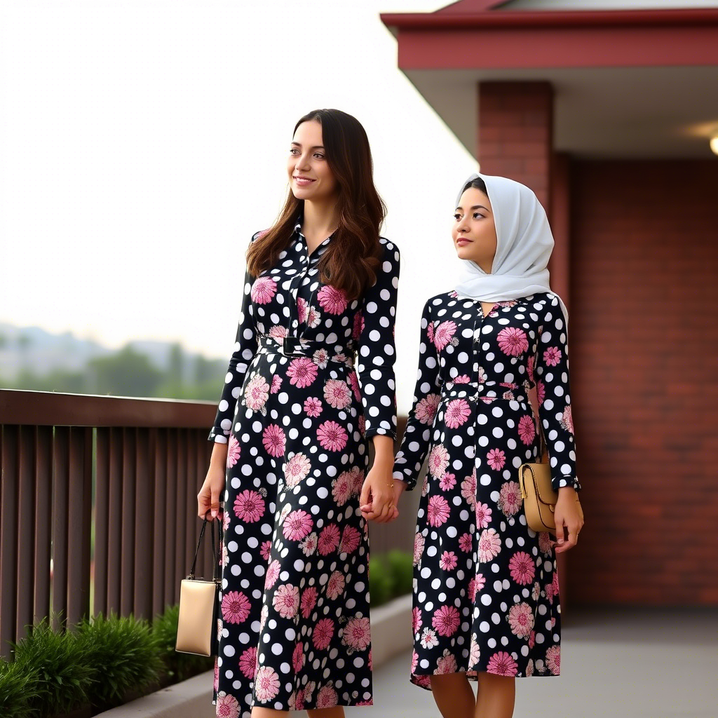 Mother daughter duo in identical outfits holding hands