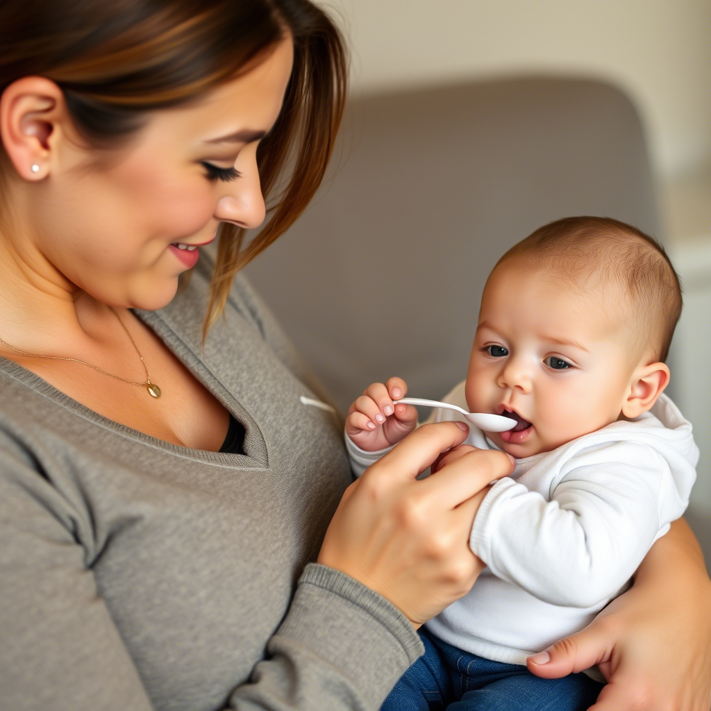 Mother feeding her 6-month-old baby with a spoon