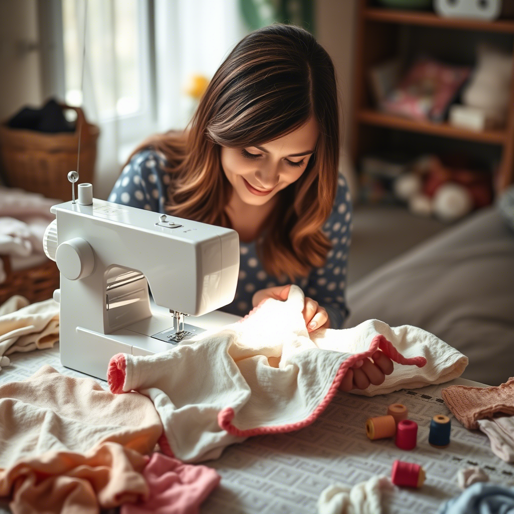 Mother sewing baby clothes with various fabrics and threads at home