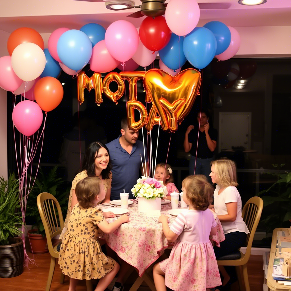 Mother’s Day surprise party with family and balloons