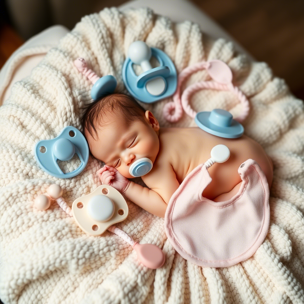 Newborn baby accessories like pacifiers and bibs arranged on a soft blanket