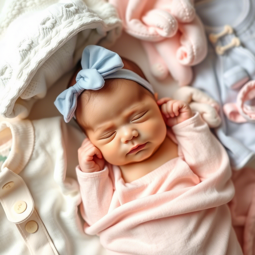 Newborn baby surrounded by essential clothing items in pastel colors