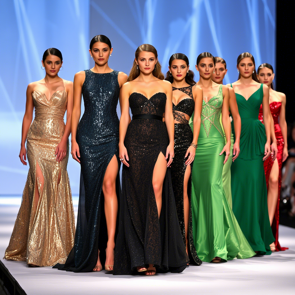 Nine women in shimmering evening gowns on a Chinese catwalk