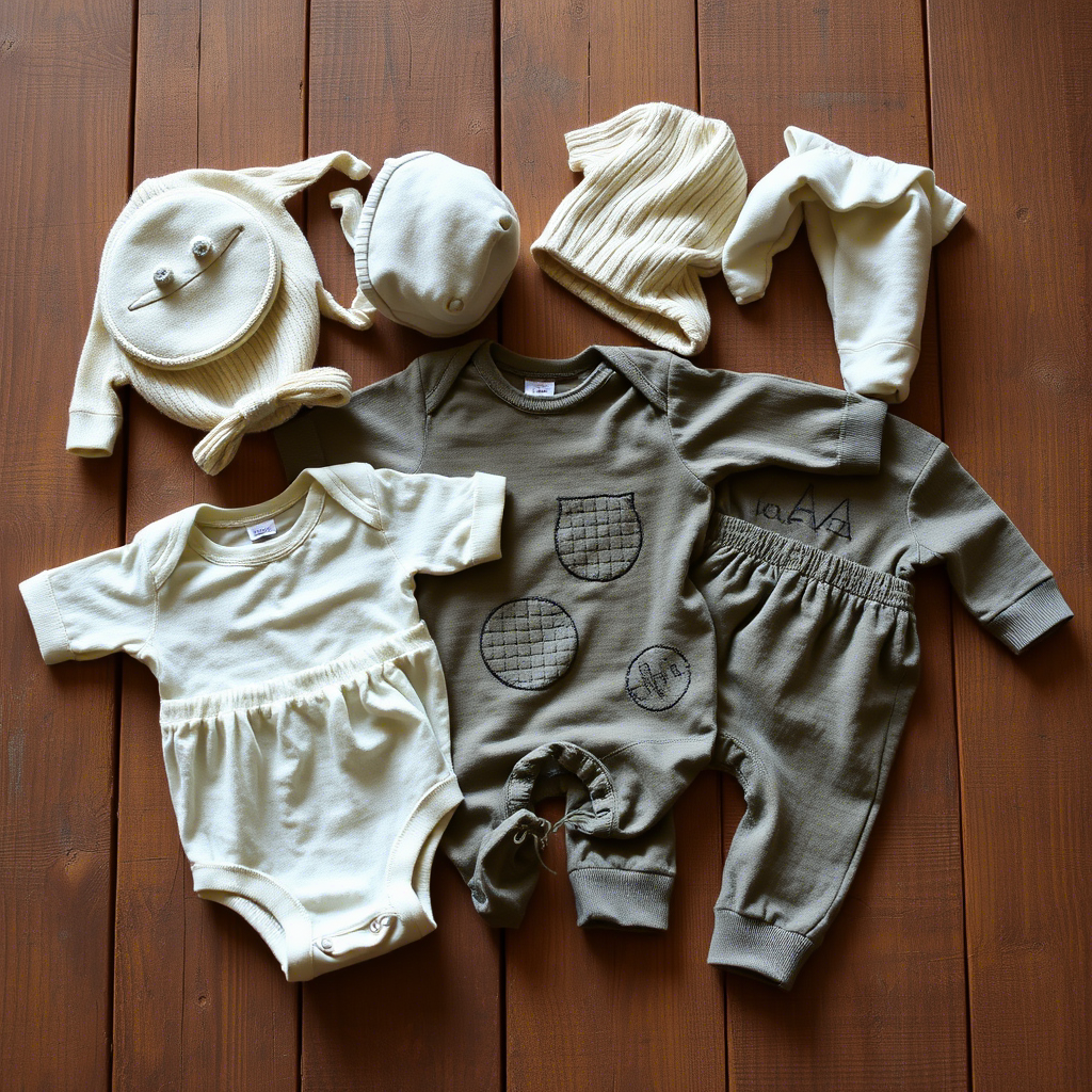 Organic baby clothes laid out on a rustic wooden table