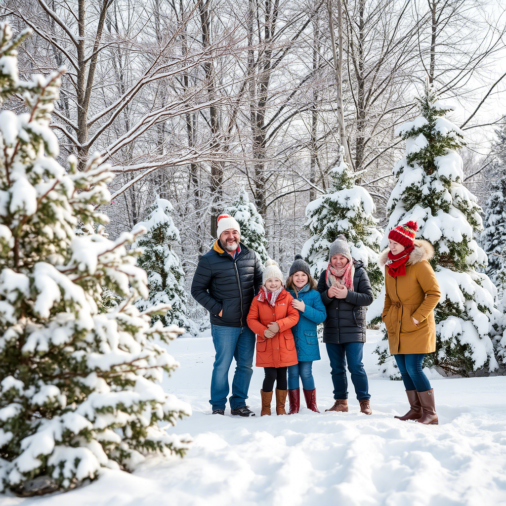 Outdoor winter scene with snow-covered trees and joyful family moments